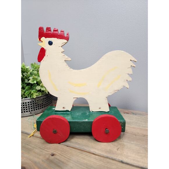 Primitive Wooden Chicken Figurine Pull String Toy Wheels Farmhouse Decor - Picture 1 of 6